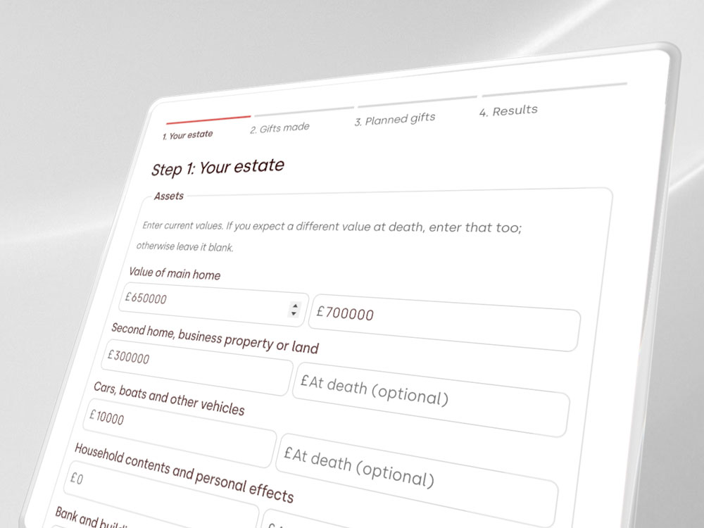 Online estate planning form with fields for asset values, including main home, second home, and vehicles.